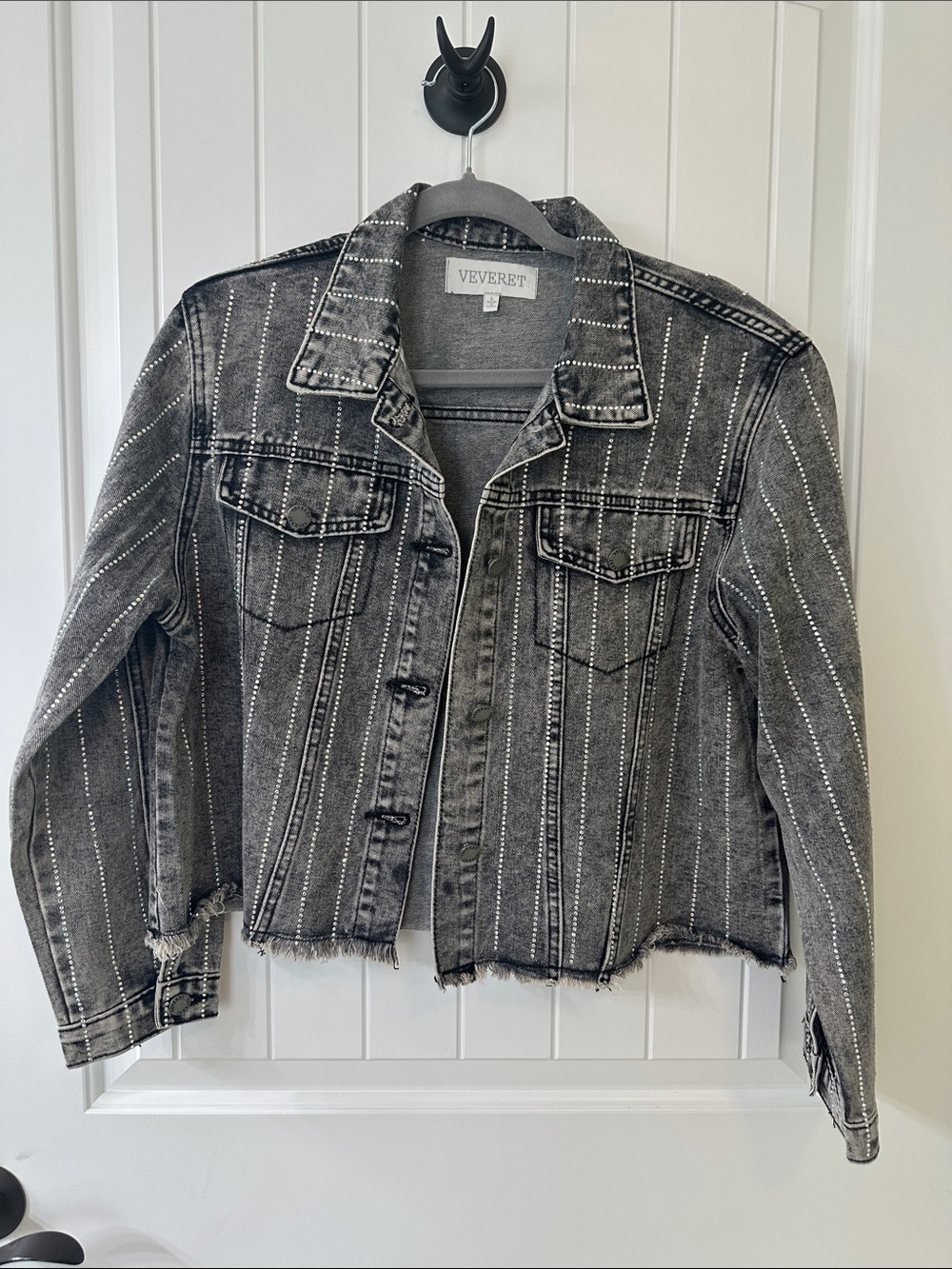 Vervet Black Washed Gray Rhinestone Jean Jacket Size-Large